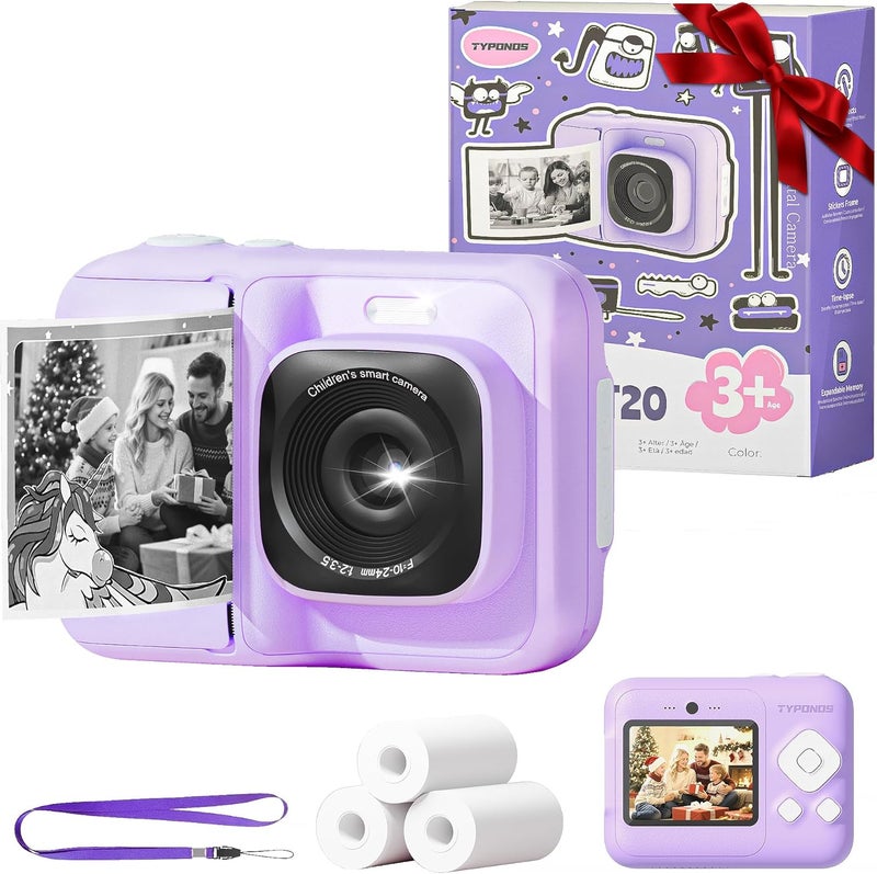 TYPONOS Instant Print Camera for Kids, Christmas Birthday Gifts for Girls Boys Age 3-12, Kids Cameras, Portable Toy Camera for 3 4 5 6 7 8 9 10 Year Old Girl with 32GB SD Card, Purple - Image 1